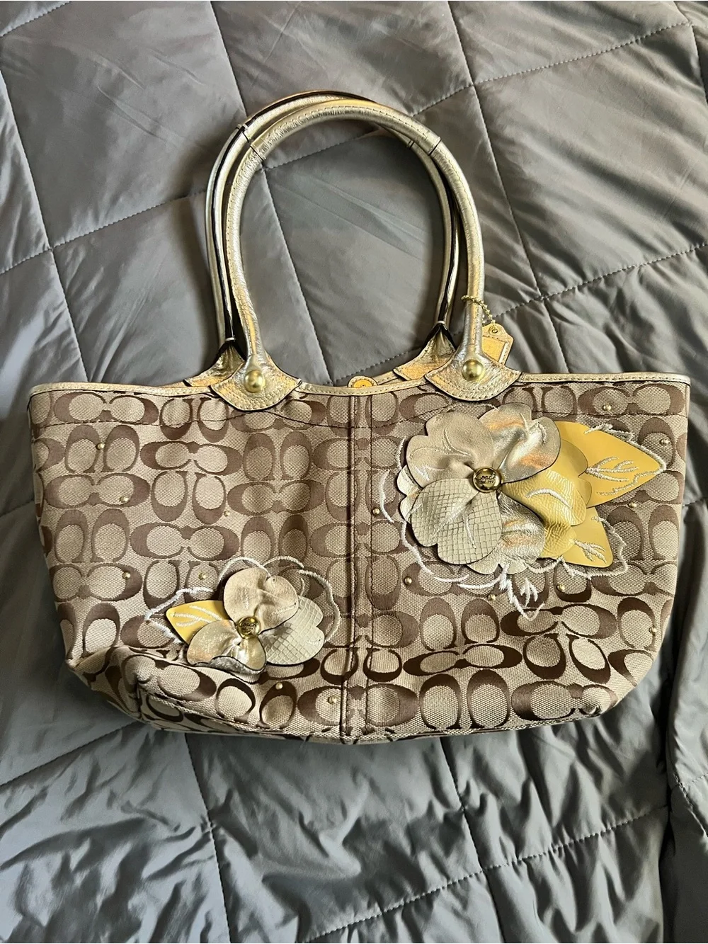 Coach Beige Signature Tote with Yellow Floral Appliqués
